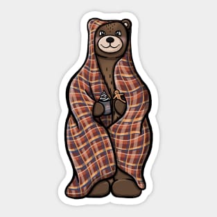 Brown Bear in a Blanket with Hot Cocoa and Gingerbread Sticker